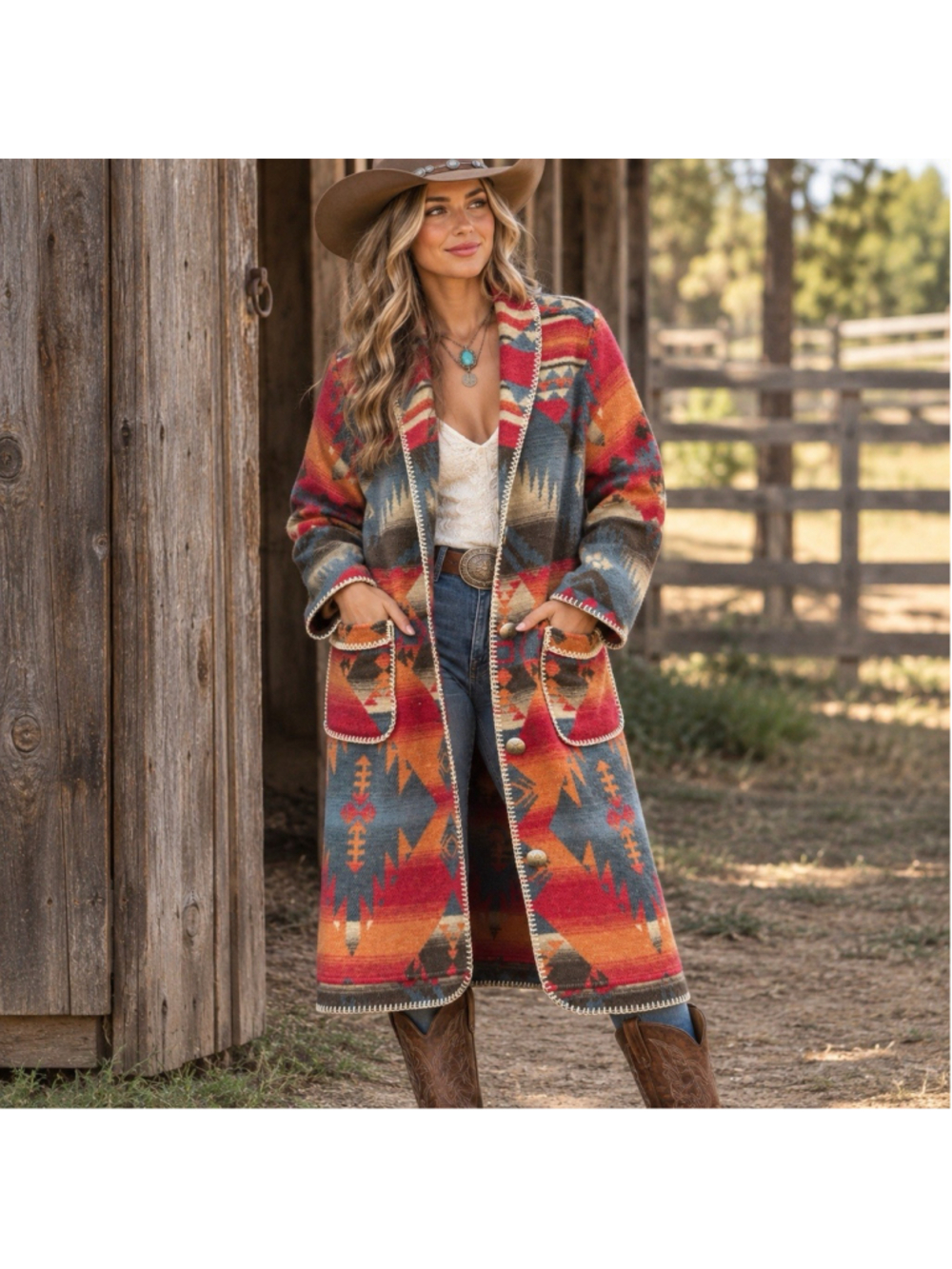 Rhonda Stark Southwestern Blanket Duster Coat Aztec Western Long Jacket M